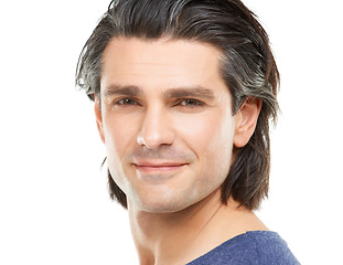 Image showing Studio, health and portrait of mature man with confidence, pride and happy on white background. Smile, handsome and closeup face of isolated person in for style, wellness and positive attitude