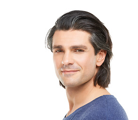 Image showing Studio, smile and portrait of mature man with confidence, pride and happy on white background. Attractive, handsome and face of isolated person relax for wellness, health and positive attitude