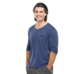 Image showing Portrait, fitness and man with tshirt, smile and confident guy isolated on a white studio background. Person, mockup space and model with casual outfit, wellness and proud with health and muscle