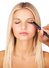 Image showing Makeup brush, eyeshadow woman in studio with hands for beauty, wellness or glamour makeover on white background. Powder, cosmetics lady model face with beautician for professional eye application