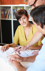 Image showing Planning, documents or happy couple with financial advisor or paperwork in living room of home. Increase, budget or investment or hands of accountant with people in meeting for taxes report together