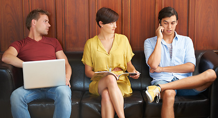 Image showing Phone call, hiring or business people in line for a job interview in company waiting room. Laptop, technology or creative designers in queue ready for a meeting, recruitment or vacancy opportunity