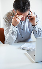 Image showing Phone call, stress or businessman with audit in company on mobile conversation as communication. Laptop, crisis or frustrated manager in discussion, talking or speaking of debt or paperwork in office