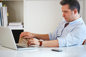 Image showing Businessman, office or laptop for information technology research, tech support or working. Typing, online or computer with software update, email or corporate worker at desk for digital app review