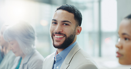 Image showing Happy businessman, portrait and team workshop for career ambition, staff training or seminar at office. Face of man or business employee smile in group conference, onboarding or meeting at workplace