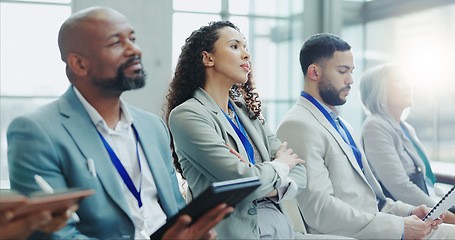 Image showing Business people, diversity and meeting in team seminar, workshop or conference at office. Group of employees or audience listening to speech in staff training, presentation or convention at workplace