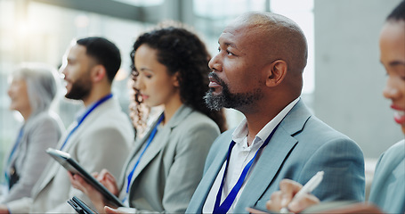 Image showing Business people, diversity and meeting in team workshop, seminar or conference at office. Group of employees or audience listening to speech in staff training, presentation or convention at workplace