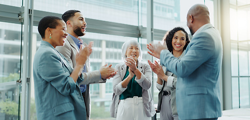 Image showing Happy business people, meeting and applause in teamwork for promotion, winning or success at office. Group of employees smile clapping in team achievement, corporate growth or motivation at workplace