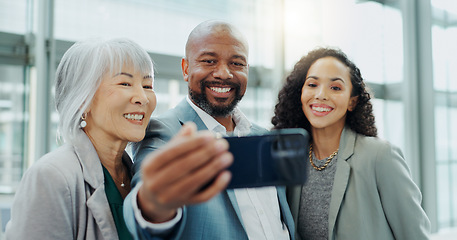 Image showing Happy business people, face and selfie at office for photography, team building or social media. Group of corporate employees smile for quick photograph, picture or memory in teamwork at workplace