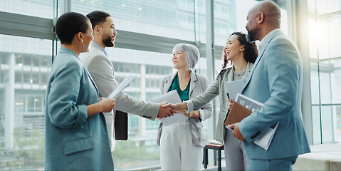 Image showing Business people, handshake and meeting in b2b, deal or agreement for teamwork or growth at office. Businessman shaking hands with woman in recruiting for team introduction, greeting or partnership