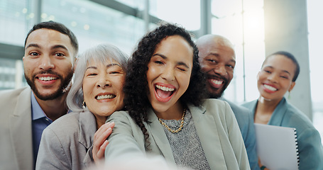 Image showing Happy business people, face and office selfie for photography, team building or social media. Group of diverse corporate employees smile together for teamwork, photograph or fun picture at workplace