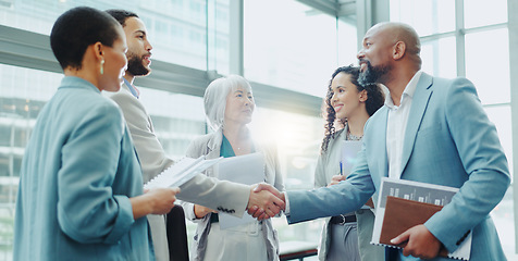 Image showing Business people, handshake and meeting in b2b, agreement or deal for teamwork or growth at office. Businessman shaking hands with woman in recruiting for team introduction, greeting or partnership