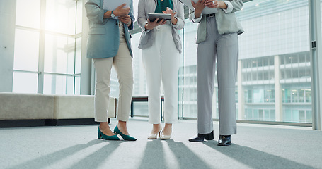 Image showing Business people, tablet and legs in meeting, teamwork or documents for planning or strategy at office. Closeup of corporate woman employees with paperwork and technology in project plan at workplace