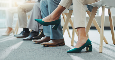 Image showing Closeup, business people and shoes with feet, job interview waiting room and nervous with opportunity. Row, group and candidates with recruitment with heels, footwear and hiring in a workplace