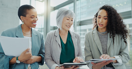 Image showing Happy business woman, meeting and documents in team discussion, brainstorming or collaboration at office. Female person or group with paperwork in financial planning, project or strategy at workplace