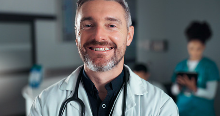 Image showing Happiness, surgeon face and professional man, nurse or cardiologist with career smile, service job or healthcare vocation. Hospital portrait, work commitment and clinic consultant for health wellness