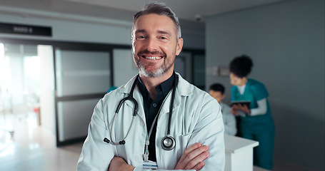 Image showing Surgeon, hospital or professional man, happy nurse or cardiologist with career smile, doctor service job or vocation. Employee portrait, work commitment or confident clinic worker for health wellness