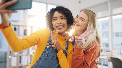 Image showing Girl friends, happy and selfie in home with peace sign and social media photo for post at home. Smile, profile picture and friendship of young women together in a living room with funny hand gesture