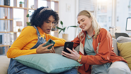 Image showing Friends, funny women and phone in home living room, comedy and meme on internet. Smartphone, girls and laughing at joke on social media, online email or website together on sofa in interracial house