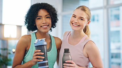 Image showing Fitness, friends and face of women hug at a sports studio after yoga, training or workout together. Exercise, portrait and happy woman embrace personal trainer at gym for pilates, wellness or health