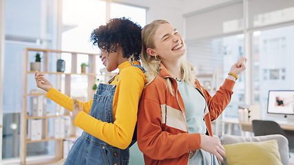 Image showing Women, lesbian couple and dance in home, happy and air guitar in living room. Gay girls, party and moving to music in celebration, bonding or smile for freedom, energy or excited in interracial house