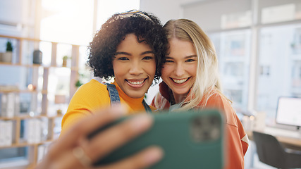 Image showing Friends, happy and selfie at home with funny peace hand sign and social media photo for post at home. Smile, profile picture and friendship of young women in living room with bunny ears gesture