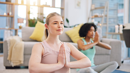 Image showing Yoga, meditation and women in home together, fitness and mindfulness training in living room. Balance, breathing and workout, friends in holistic exercise in peace and zen for health in apartment.