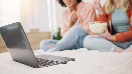 Image showing Laptop, movie and women friends on a bed with popcorn for comedy, program or film in their home. Online, video and ladies in a bedroom with snack for streaming, comic or stand up, show or documentary