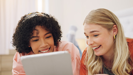 Image showing Women, tablet and friends on a bed with social media, streaming and discussion at home. Online, movies and ladies relax in a bedroom with conversation, internet and subscription service survey