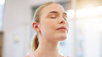 Image showing Meditation, yoga and happy with face of woman for peace, fitness or spiritual health. Balance, mindfulness and wellness with person and relax in studio for holistic, breathing and energy training