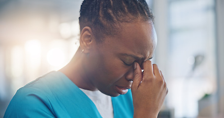 Image showing Black woman, nurse and crying, sad and mental health with depression, help and psychology with stress at work. Fatigue, healthcare and burnout with mistake, fail with reaction to news and overwhelmed