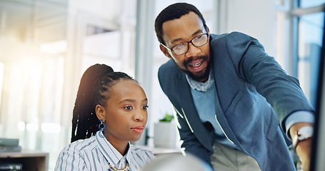 Image showing Computer, black woman and manager training intern or coaching employee and helping with project, work or collaboration. Mentor, corporate and talking about a question, error or pc learning in Nigeria