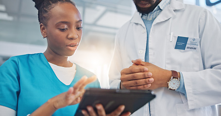 Image showing Tablet, doctors and collaboration for online research at hospital in healthcare and medical discussion. Professional people, consulting and communication for results, medicine and help in clinic