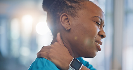 Image showing Black woman, nurse and neck pain, stress and injury with fibromyalgia, overworked and burnout at hospital. Fail, mistake and medical worker with health crisis, massage muscle with tension and fatigue