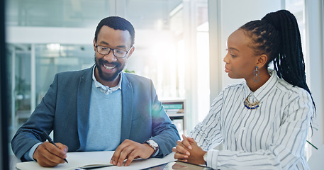 Image showing Black people, business and meeting with paperwork in office for planning ideas, project collaboration and consulting for feedback. Man, woman and team in conversation for brainstorming with documents