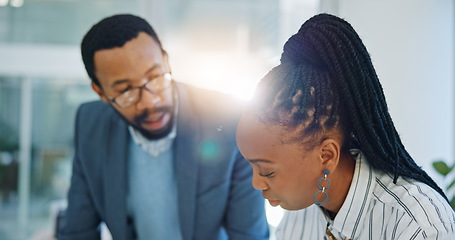 Image showing Collaboration, training and a business team planning in the office while talking about ideas together. Teamwork, communication or coaching with a mentor and employee in the workplace for discussion