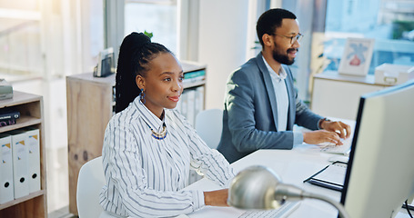 Image showing Business people typing on computer in coworking office for planning research, online report and administration. Black woman, employees and working on desktop pc for email, information update and tech