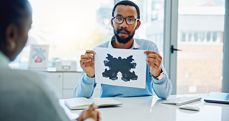 Image showing Psychologist man, ink paper and test with woman patient, test and helping for mental health in office. Therapist, document and painting for Rorschach exam, consultation and evaluation for healthcare