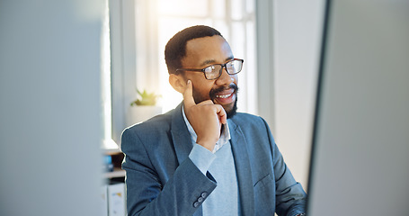 Image showing Thinking, computer and businessman working in the office doing research for a legal project. Technology, proud and professional African male attorney planning for a law case in the modern workplace.