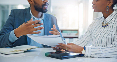 Image showing Business people, hands and discussion with paperwork in office for planning ideas, project collaboration and feedback for advice. Man, woman and team in conversation for brainstorming with documents