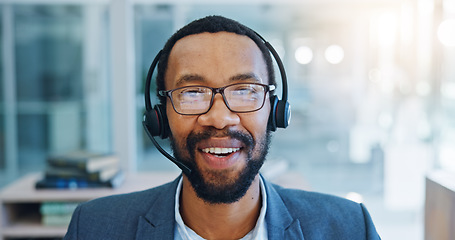 Image showing Black man, face and call center consulting with headphones in customer service or telemarketing at office. Portrait of happy African male person, consultant or agent talking in online advice or help