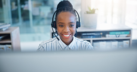 Image showing Black woman, call center and consulting on headphones in customer support, service or telemarketing at office. African female person, consultant or agent talking in online advice or help at workplace