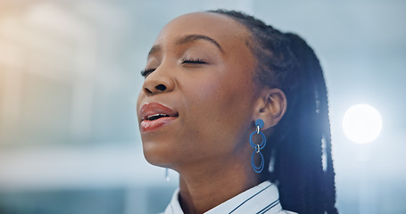 Image showing Black woman, breathing and meditation, Businesswoman in a office with zen and calm, healthcare and wellness. Face, peace of mind and mental health, healing and holistic