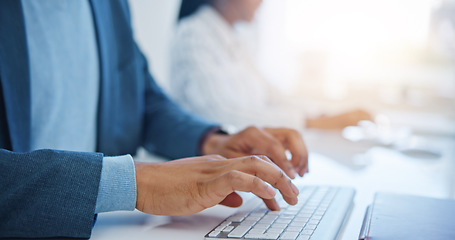 Image showing Digital research, developer and programmer writing, programming software or coding app on computer at desk in workplace. Laptop, hands typing and business man in office working on job email or report