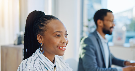 Image showing Happy black woman, business and working on computer in office for planning online report, email and internet research. Face of african worker at desktop pc for information update in coworking company