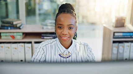 Image showing Business, black woman and smile at computer in office for planning online report, typing email and internet research. Face of worker at desktop tech for project update, administration and information