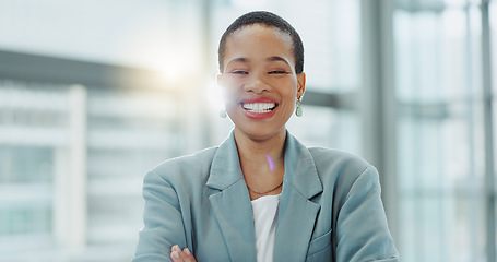 Image showing Portrait, happy business woman and arms crossed in office for professional job, pride and confident in human resources agency in Nigeria. African employee, HR manager and smile for working in company