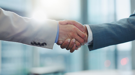 Image showing Business people, collaboration and shaking hands for agreement, deal and praise for success, welcome or reward. Closeup, handshake and introduction of partnership, support integration and negotiation