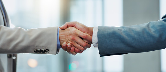 Image showing Business people, support and shaking hands for agreement, meeting and b2b deal for success, welcome and reward. Closeup, handshake and introduction of partnership, integration and recruitment offer