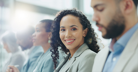 Image showing Portrait, group and woman in a workshop, business people and conference with planning, feedback and lens flare. Face, person and employee in a meeting, staff and consultant with seminar and coaching